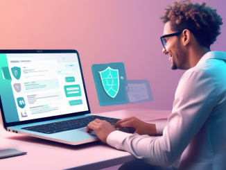 Create an image showing a person happily using a laptop with a website interface that shows options for removing personal information. The background should include symbols of security and privacy, like shields and locks, with light, neutral colors to evoke a sense of safety and ease.