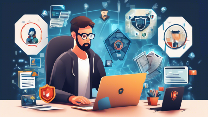 Create an image of a person sitting at a desk with a laptop, surrounded by shields and security icons. They are looking at various websites and services on their laptop screen that offer personal information removal. The background includes elements like magnifying glasses, shredded documents, and digital security symbols to emphasize the focus on privacy and protecting personal information online.