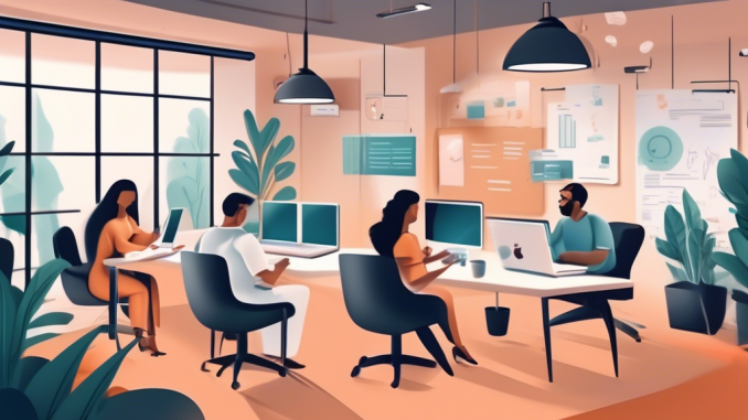 Create an image of a serene, professional office setting where a team of diverse individuals is collaboratively working on drafting a privacy policy for an online store. The scene should include laptops, legal documents, charts, and a whiteboard with key privacy policy elements highlighted. The mood should be focused and cooperative, emphasizing the importance of data protection and customer trust.