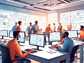 A detailed and professional illustration of a team of web developers and legal experts collaboratively drafting a privacy policy on large digital screens and whiteboards in a modern, well-lit office setting, surrounded by elements representing an online store such as shopping carts, mobile devices, and secure padlocks. The atmosphere should convey attention to detail and commitment to user data protection.