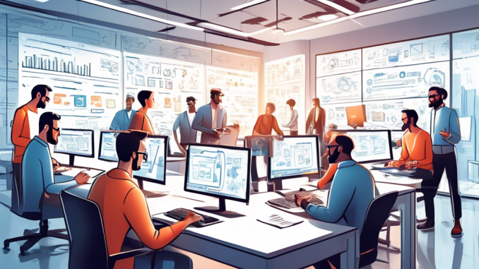 A detailed and professional illustration of a team of web developers and legal experts collaboratively drafting a privacy policy on large digital screens and whiteboards in a modern, well-lit office setting, surrounded by elements representing an online store such as shopping carts, mobile devices, and secure padlocks. The atmosphere should convey attention to detail and commitment to user data protection.