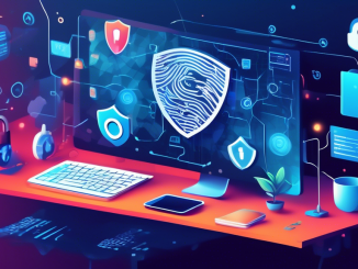 A modern, digital illustration depicting various methods to safeguard internet privacy: a person using a laptop with a VPN application, a padlock symbolizing secure passwords, a fingerprint for two-factor authentication, encrypted messages, and a shield representing a firewall. The background features a blend of abstract cyber elements like data streams and binary code.