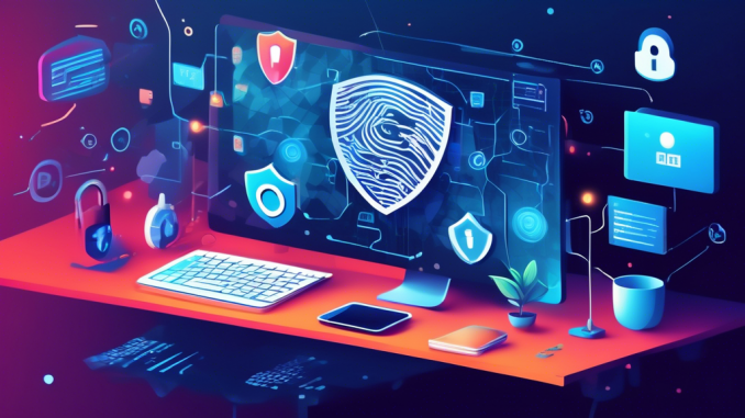 A modern, digital illustration depicting various methods to safeguard internet privacy: a person using a laptop with a VPN application, a padlock symbolizing secure passwords, a fingerprint for two-factor authentication, encrypted messages, and a shield representing a firewall. The background features a blend of abstract cyber elements like data streams and binary code.