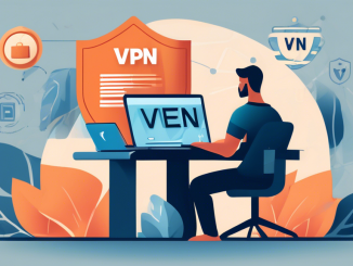 Create an image depicting a user browsing the internet securely using a virtual private network (VPN). Show a digital representation of a human figure sitting at a desk with a laptop, surrounded by a shield that symbolizes protection. The shield should have the letters VPN on it. Display icons such as a padlock, encrypted data streams, and secure connections emanating from the laptop. In the background, illustrate a globe with dotted lines indicating network connections that are protected by the VPN. The overall theme should convey security, privacy, and global connectivity.