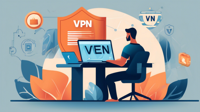 Create an image depicting a user browsing the internet securely using a virtual private network (VPN). Show a digital representation of a human figure sitting at a desk with a laptop, surrounded by a shield that symbolizes protection. The shield should have the letters VPN on it. Display icons such as a padlock, encrypted data streams, and secure connections emanating from the laptop. In the background, illustrate a globe with dotted lines indicating network connections that are protected by the VPN. The overall theme should convey security, privacy, and global connectivity.