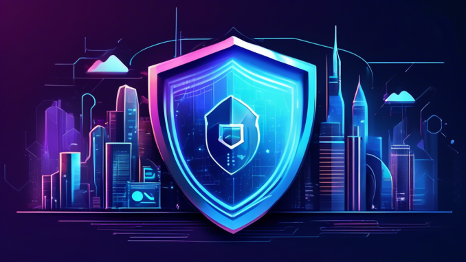 Create an image of a futuristic web browser interface with a strong shield icon prominently featured, symbolizing top-notch data protection. The background shows a sleek, modern cityscape filled with technology, while bright lines of data flow securely through the shield, representing privacy and security. Label the interface as 'Epic Privacy Browser' to highlight its focus on safeguarding user data.