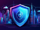 Create an image of a futuristic web browser interface with a strong shield icon prominently featured, symbolizing top-notch data protection. The background shows a sleek, modern cityscape filled with technology, while bright lines of data flow securely through the shield, representing privacy and security. Label the interface as 'Epic Privacy Browser' to highlight its focus on safeguarding user data.