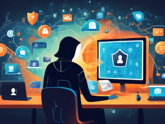 Create an image depicting a person securely navigating the internet. The scene should include a computer with a shield icon on the screen, symbolizing online privacy protection. The background should show various digital icons for emails, social media, and financial apps, all surrounded by padlocks. The atmosphere should convey a sense of safety and vigilance in the digital world.