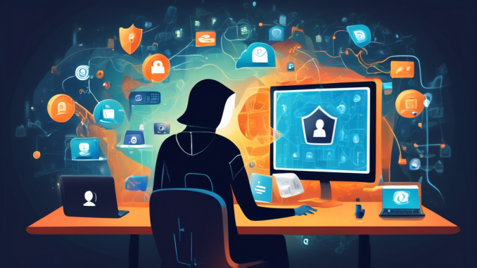 Create an image depicting a person securely navigating the internet. The scene should include a computer with a shield icon on the screen, symbolizing online privacy protection. The background should show various digital icons for emails, social media, and financial apps, all surrounded by padlocks. The atmosphere should convey a sense of safety and vigilance in the digital world.