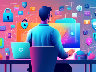 Create an image of a person safely browsing the internet on a laptop, surrounded by visual elements representing online privacy protection such as padlocks, VPN icons, shield symbols, and encrypted texts. The background should be a modern home setting, conveying a sense of security and peace of mind.