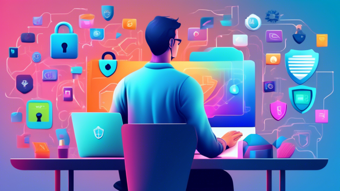 Create an image of a person safely browsing the internet on a laptop, surrounded by visual elements representing online privacy protection such as padlocks, VPN icons, shield symbols, and encrypted texts. The background should be a modern home setting, conveying a sense of security and peace of mind.