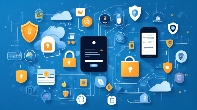 Create an image that visually represents Top-Rated Best Online Privacy Protection Services for 2023. The image should feature modern security icons such as shield symbols, padlocks, and fingerprint scanners. Include a digital device like a smartphone or laptop displaying a secure login screen. Surround the device with graphical elements like encrypted data streams and secure cloud services logos. Incorporate a subtle futuristic theme with a clean and professional design to convey trust and cutting-edge technology.