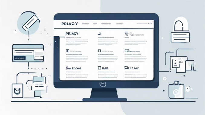 Create an image of a professional, clean webpage layout titled Privacy Policy with clear, readable text. The page should be displayed on a modern computer screen, with elements like a lock icon, digital privacy icons, and a shopping cart symbol. Ensure the background hints at an online store environment, with subtle ecommerce graphics like product thumbnails and a navigation menu bar to portray an online store context.