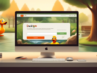 Create an image of a sleek, modern web browser interface labeled 'DuckDuckGo' on a computer screen, with secure padlock icons and privacy protection shields prominently displayed. In the background, depict a serene, peaceful park scene to symbolize a safe and worry-free browsing experience.