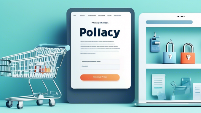 An inviting image of a modern online store's homepage, featuring a clearly displayed 'Privacy Policy' link. The background includes elements like shopping carts, secure padlock icons, and a checklist, symbolizing transparency and security in handling customer data. The overall mood is professional and trustworthy.