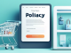 An inviting image of a modern online store's homepage, featuring a clearly displayed 'Privacy Policy' link. The background includes elements like shopping carts, secure padlock icons, and a checklist, symbolizing transparency and security in handling customer data. The overall mood is professional and trustworthy.