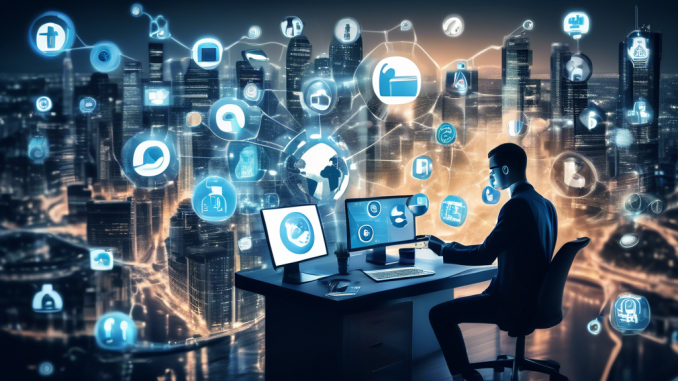 Create an image of a person with a magnifying glass examining their digital footprint, comprising various icons like social media, emails, and padlocks, set against a backdrop of a cyber-cityscape. The atmosphere should be a blend of light and dark themes, symbolizing the importance and complexity of online privacy.