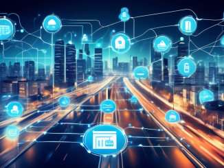 Generate an image depicting a modern, interconnected smart city with various IoT devices (like smart cars, home automation systems, and connected street lights). Highlight robust security features protecting these devices, such as digital padlocks, secure data streams, and a network shield symbol. The background should convey an advanced and vibrant urban setting with a clear emphasis on technology and security integration.