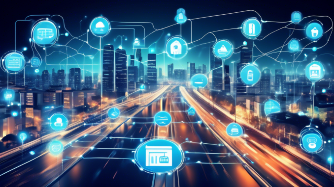 Generate an image depicting a modern, interconnected smart city with various IoT devices (like smart cars, home automation systems, and connected street lights). Highlight robust security features protecting these devices, such as digital padlocks, secure data streams, and a network shield symbol. The background should convey an advanced and vibrant urban setting with a clear emphasis on technology and security integration.