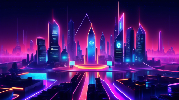 Create an image of a futuristic cityscape at night, glowing with neon lights. In the foreground, depict a sleek, modern web browser window with the Brave logo prominently displayed. The browser window should show icons representing privacy and security, such as a shield and lock. Surround the browser window with subtle holographic shields to emphasize protection. The overall mood should be one of advanced technology and robust security.