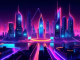 Create an image of a futuristic cityscape at night, glowing with neon lights. In the foreground, depict a sleek, modern web browser window with the Brave logo prominently displayed. The browser window should show icons representing privacy and security, such as a shield and lock. Surround the browser window with subtle holographic shields to emphasize protection. The overall mood should be one of advanced technology and robust security.