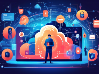 Create a detailed illustration showing various ways to protect personal data online. Include elements like a person using a strong password (depicted as a complex combination of characters), multi-factor authentication (with a smartphone showing an authentication code), secure cloud storage, encrypted messages, a VPN tunnel, and a shield safeguarding personal information against cyber threats. The background should feature a futuristic digital landscape with padlocks and security icons highlighting the theme of cybersecurity.