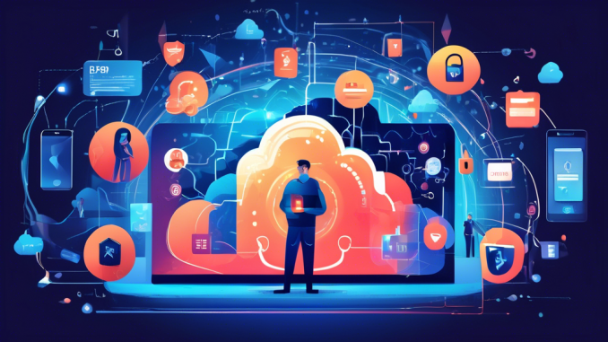 Create a detailed illustration showing various ways to protect personal data online. Include elements like a person using a strong password (depicted as a complex combination of characters), multi-factor authentication (with a smartphone showing an authentication code), secure cloud storage, encrypted messages, a VPN tunnel, and a shield safeguarding personal information against cyber threats. The background should feature a futuristic digital landscape with padlocks and security icons highlighting the theme of cybersecurity.