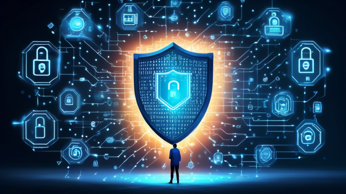 Create an image depicting a person shielding their digital footprint with a futuristic shield made of binary code. Surround them with icons representing various online activities like social media, online banking, and email, all encapsulated in a secure, glowing digital network. The background should emphasize a sense of cybersecurity with padlocks and key symbols integrated into a high-tech design.