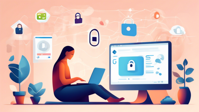 Create an image of a person using a laptop in a cozy, modern home setting. On the laptop screen, display icons representing enhanced privacy, security shields, ad blockers, and protected personal data. Surrounding the scene, weave in subtle visual elements like padlocks, incognito browser icons, and encrypted connections to emphasize the benefits of using an online private browser. Make the overall atmosphere feel secure and private.