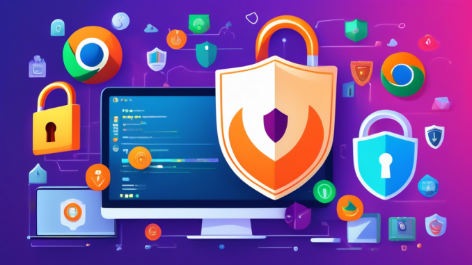 Create an image showcasing a collection of secure internet browsers on a sleek desktop setup, with icons like Tor, Brave, and DuckDuckGo, set against a background featuring shield symbols, padlocks, and digital data streams, emphasizing robust privacy and security.