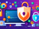 Create an image showcasing a collection of secure internet browsers on a sleek desktop setup, with icons like Tor, Brave, and DuckDuckGo, set against a background featuring shield symbols, padlocks, and digital data streams, emphasizing robust privacy and security.