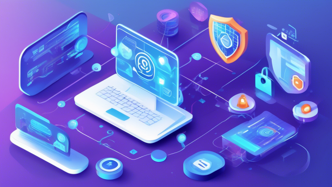 Create a detailed illustration that showcases the top strategies to protect internet privacy in 2023. The image should include modern cybersecurity elements such as VPNs, multi-factor authentication, encrypted messaging, secure browsers, and regular software updates. Visualize these concepts through icons, users, and devices interacting in a seamless and secure digital environment. Include a futuristic, high-tech background to emphasize the current advances in internet privacy technology.