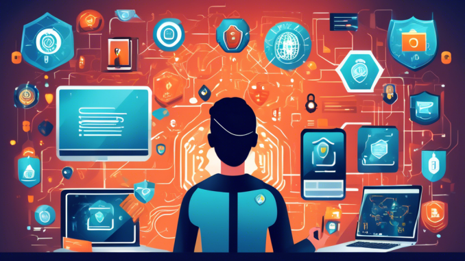 Create an intricate digital illustration showcasing various ways to protect personal information online. Depict a person using multiple devices such as a laptop, smartphone, and tablet, with distinct icons representing cybersecurity measures like strong passwords, antivirus software, VPNs, two-factor authentication, and encrypted communication. Surround the scene with shields, locks, and shields with check marks to symbolize security and protection.