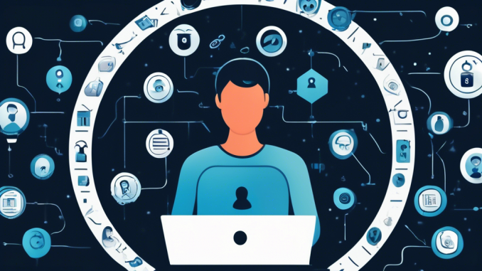 Create an image showing a person at their computer, with different icons representing internet privacy concepts (like a padlock, a shield, and an eye) floating around them. The background should include subtle elements like a digital privacy policy document on the screen, and a layer of binary code to signify data. The overall tone should be informative and reassuring.