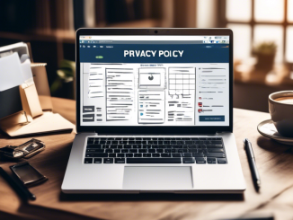 Create an image depicting a professional workspace with a laptop displaying a 'Privacy Policy' webpage template. Surround the laptop with items such as a pen, a cup of coffee, and a notepad filled with checklists and steps. In the background, include icons and symbols representing online privacy, like padlocks, shield symbols, and a globe with a keyhole.