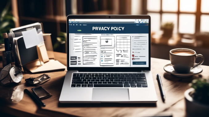 Create an image depicting a professional workspace with a laptop displaying a 'Privacy Policy' webpage template. Surround the laptop with items such as a pen, a cup of coffee, and a notepad filled with checklists and steps. In the background, include icons and symbols representing online privacy, like padlocks, shield symbols, and a globe with a keyhole.