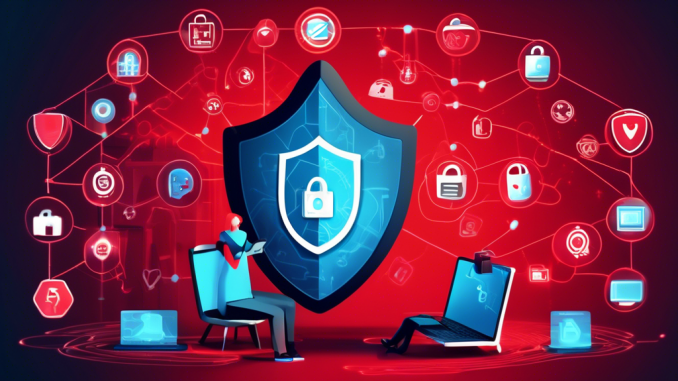 Create an image of a person using a laptop in a home setting, surrounded by various symbols of online privacy such as a shield, padlock, VPN icon, fingerprint, and encrypted data. The background should include subtle elements like closed-circuit cameras with a red 'X' on them and a smartphone with privacy settings engaged. The overall atmosphere should convey a sense of security and vigilance.