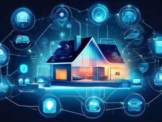 Create an image depicting a futuristic smart home environment where various IoT devices such as smart thermostats, cameras, and lights are securely connected. Highlight the aspect of enhanced privacy and security by incorporating clear symbols of data protection, like a shield with a lock or encrypted connections, and a vigilant AI assistant monitoring the network. The scene should convey a sense of safety and advanced technology working seamlessly together.