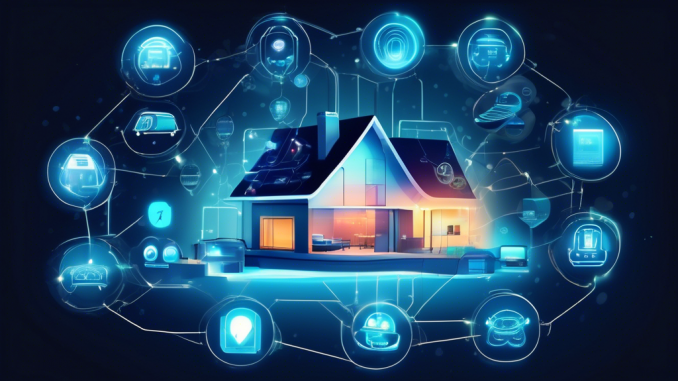 Create an image depicting a futuristic smart home environment where various IoT devices such as smart thermostats, cameras, and lights are securely connected. Highlight the aspect of enhanced privacy and security by incorporating clear symbols of data protection, like a shield with a lock or encrypted connections, and a vigilant AI assistant monitoring the network. The scene should convey a sense of safety and advanced technology working seamlessly together.