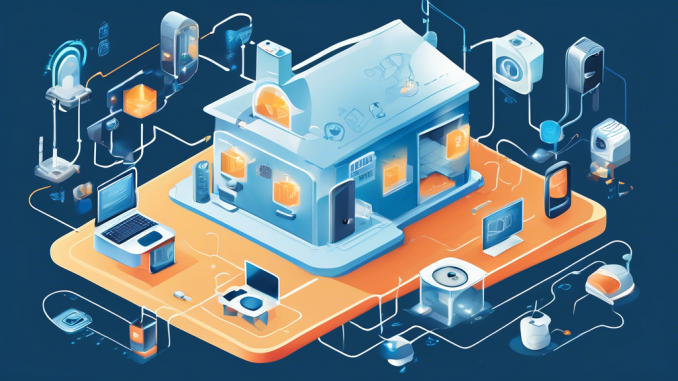 Create a detailed illustration of various Internet of Things (IoT) devices, like smart home appliances, healthcare devices, and wearable tech, connected to a secure network. Highlight advanced security features such as encryption, firewalls, and privacy settings with visual elements like a digital padlock, shield icons, and secure cloud storage. Include a diverse group of users interacting with these devices in a safe and protected digital environment.