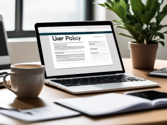 Create an image of a professional-looking office desk with a laptop displaying a 'Privacy Policy' document on the screen. Around the laptop, include items such as a cup of coffee, a notebook with a pen, some printed sheets labeled 'User Data', 'Cookie Policy', and 'Data Security'. In the background, there is a bookshelf with law books and a plant, providing a focused yet inviting ambiance indicative of someone meticulously crafting a comprehensive website privacy policy.