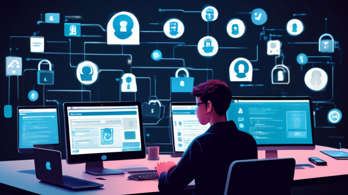 A person sitting at a desk, surrounded by multiple digital devices like a laptop, smartphone, and tablet, with a determined expression. The computer screen shows various online accounts and profiles being methodically deleted. In the background, a large digital padlock symbol hovers, symbolizing privacy and data protection. The scene is well-organized, conveying focus and purpose.