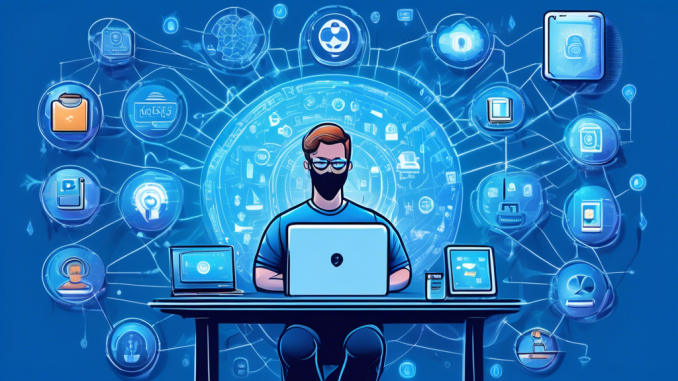 A detailed digital illustration of a user sitting at a desk with multiple devices, all showing various privacy-enhancing techniques such as using VPNs, strong passwords, and encrypted messaging apps. The background features icons of privacy and security symbols, like a shield, a lock, and a fingerprint, to represent enhanced web privacy. The scene is illuminated with a soft, blue light, giving it a modern and sophisticated feel.