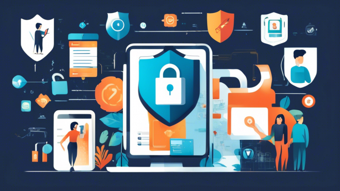 Create a digital illustration showing various methods of protecting personal information online. Include elements such as a person using a password manager, enabling two-factor authentication on a tablet, securing a laptop with antivirus software, and browsing the internet with a VPN. Integrate a padlock symbol, shield icons, and encrypted data elements to emphasize security and privacy aspects.