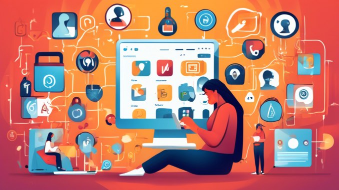 Create a digital illustration depicting a person surrounded by icons of common online activities, with warning symbols next to actions such as sharing passwords, using public Wi-Fi without protection, clicking on unknown links, neglecting software updates, and sharing personal information on social media. The scene should emphasize the importance of online privacy through visual cues and a secure, tech-savvy environment.