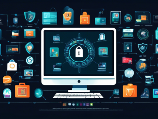 Create a detailed illustration of a computer screen displaying the logos of top online privacy companies. Surround the screen with icons representing various online privacy features such as VPNs, encrypted messaging, secure browsing, and data protection. Use a sleek, modern design with a dark color scheme to convey security and trust.