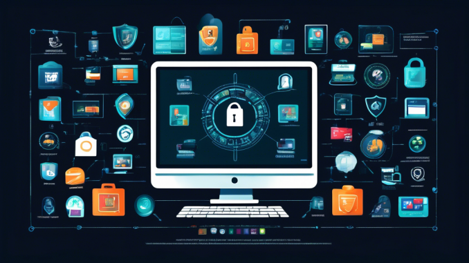 Create a detailed illustration of a computer screen displaying the logos of top online privacy companies. Surround the screen with icons representing various online privacy features such as VPNs, encrypted messaging, secure browsing, and data protection. Use a sleek, modern design with a dark color scheme to convey security and trust.