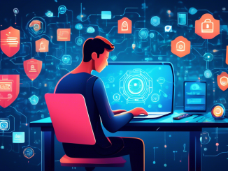 Create an illustration of a person working on a laptop, surrounded by digital shields and locks symbolizing data protection. The background includes icons of cybersecurity elements such as encrypted codes, two-factor authentication, VPN, antivirus software, and phishing alert notifications. The scene should have a futuristic, high-tech feel, emphasizing the importance of online security.