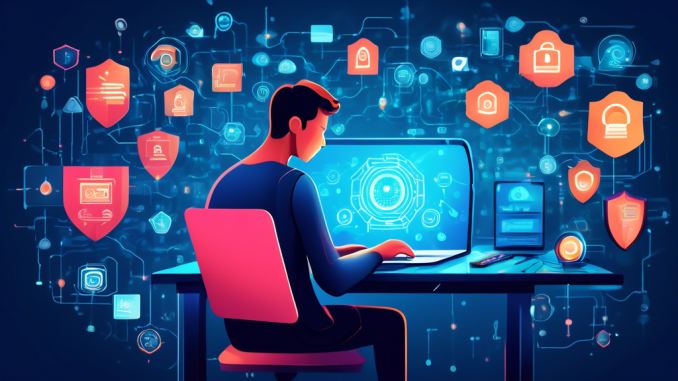 Create an illustration of a person working on a laptop, surrounded by digital shields and locks symbolizing data protection. The background includes icons of cybersecurity elements such as encrypted codes, two-factor authentication, VPN, antivirus software, and phishing alert notifications. The scene should have a futuristic, high-tech feel, emphasizing the importance of online security.