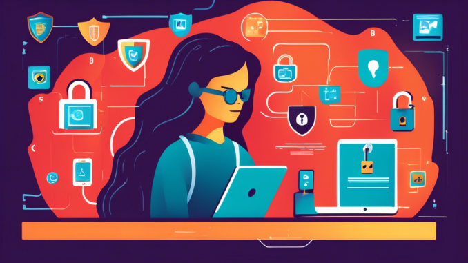 Create an illustration showing a person surrounded by various digital devices like a laptop, smartphone, and tablet, with symbols representing privacy protection such as a shield, padlock, key, and a VPN icon. The background should feature elements like secure login screens, encrypted messages, and icons for two-factor authentication. The overall theme should emphasize internet safety and personal privacy.